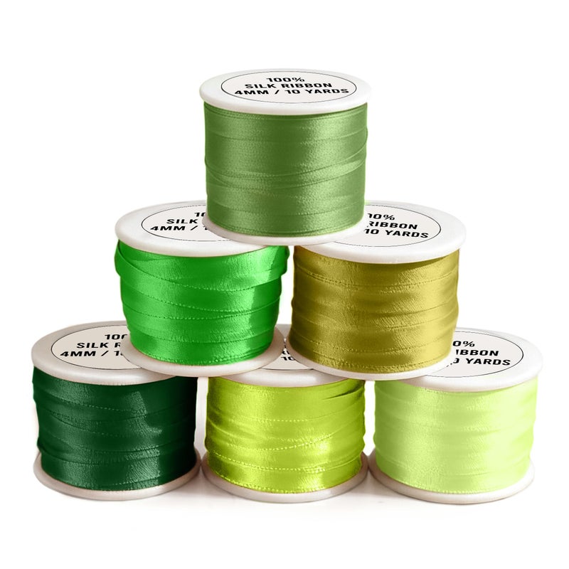 ThreadNanny New ThreadNanny 6 Spools of 100% Pure Silk Ribbons - Green Tones - 60 MTS x 4mm - Image 2